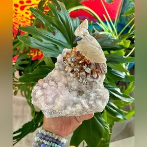 Gemstone Bird Carving on Amethyst flower